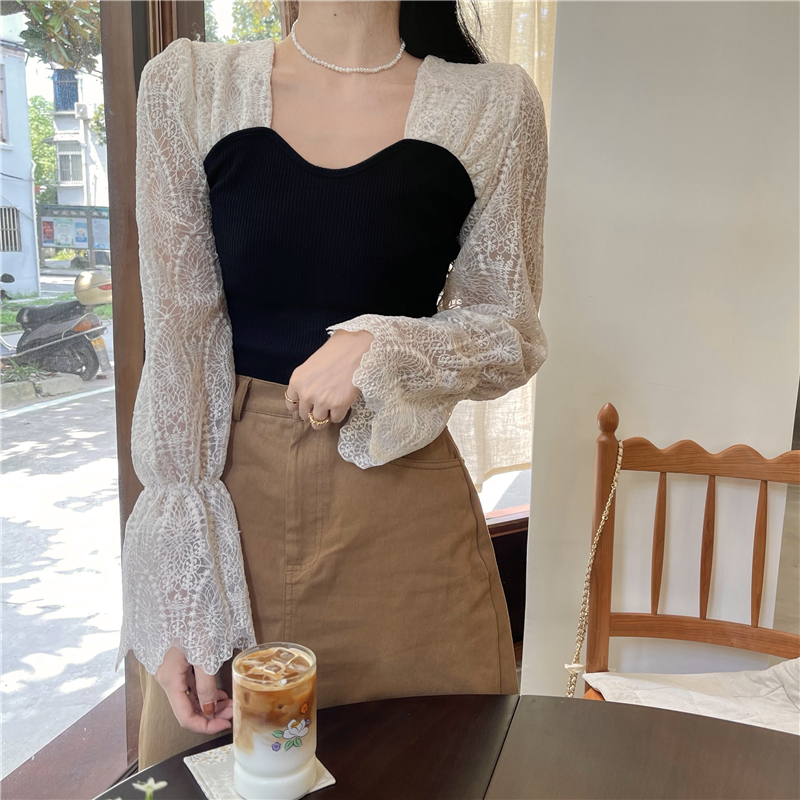 Áo Sơ Mi Nữ Tay Dài Cổ Vuông Phối Ren Phong Cách Hàn Quốc Vintage Baju Baju Wanita Lengan Panjang Hàng Mới Có Sẵn