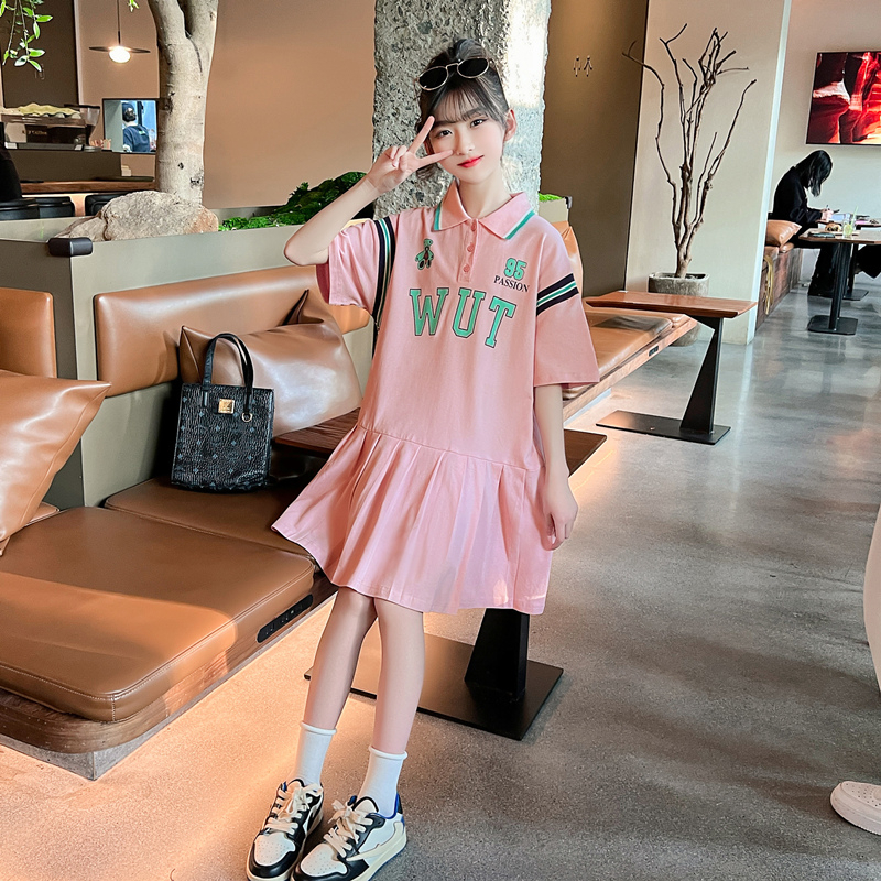 Đầm Thun POLO Tay Ngắn Dáng Rộng Thời Trang Mùa Hè Xinh Xắn Cho Bé Gái 3-14 Tuổi