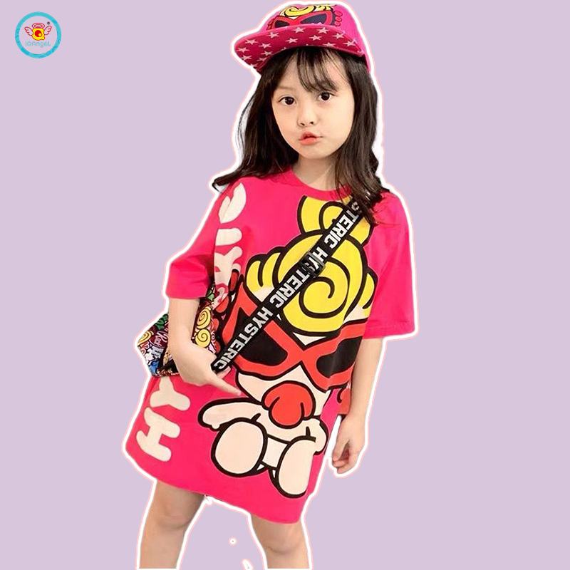 Đầm thun IQ ANGEL cotton thoáng khí mau khô họa tiết hoạt hình dễ thương cho bé gái