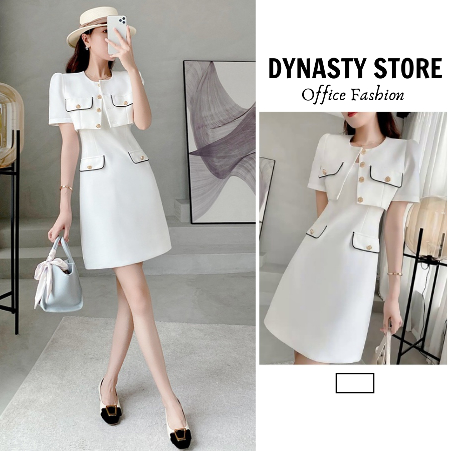 Set áo khoác và đầm xuông dáng ngắn công sở DYNASTY STORE phong cách retro, tiểu thư, sang chảnh, hàng Quảng Châu cao cấp, bộ đồ nữ thời trang xuân hè mới