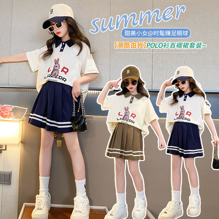 Bộ Áo Thun polo + Chân Váy Xếp Ly Phong Cách Preppy Thời Trang Mùa Hè Cho Bé Gái 3-14 Tuổi