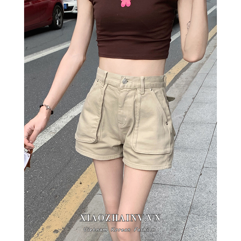Xiaozhainv Quần Short Denim Lưng Cao Ống Rộng Phối Túi Thời Trang Mùa Hè Cho Nữ