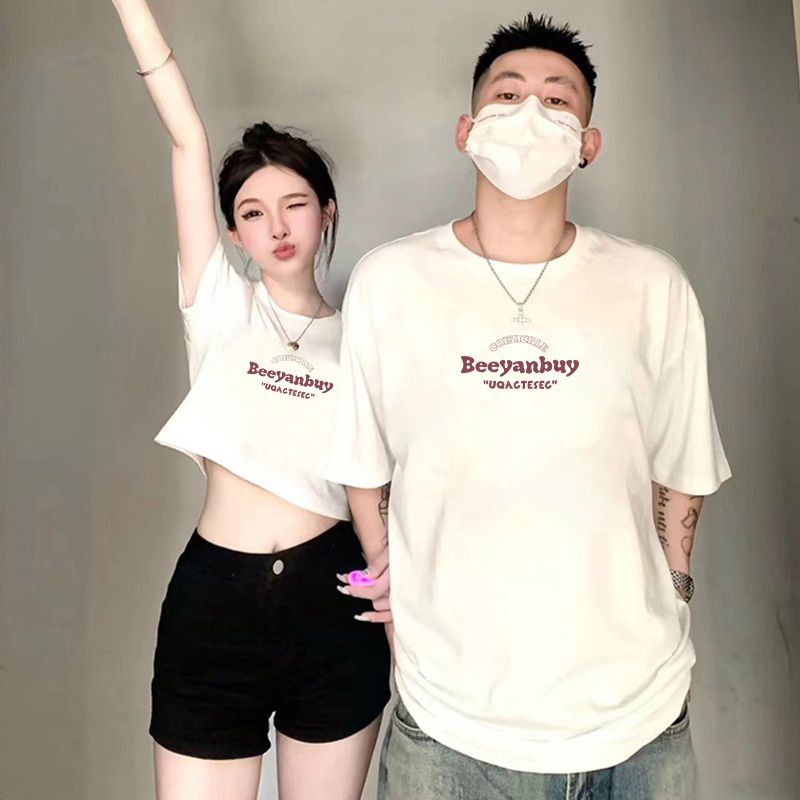 Áo thun IHKKE kiểu crop top/ thông thường in họa tiết chữ cái thời trang Hàn Quốc dành cho cặp đôi màu đen/ trắng