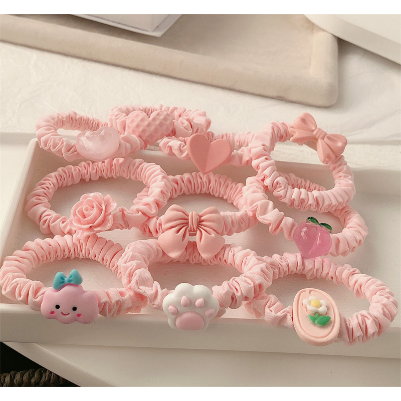 Dây Cột Tóc Thắt Nơ In Họa Tiết Hoa / Trái Tim Màu Hồng Dễ Thương Thời Trang Cho Nữ