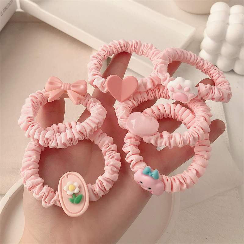 Dây Cột Tóc Thắt Nơ In Họa Tiết Hoa / Trái Tim Màu Hồng Dễ Thương Thời Trang Cho Nữ