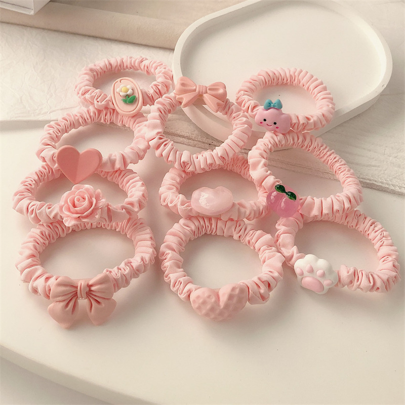 Dây Cột Tóc Thắt Nơ In Họa Tiết Hoa / Trái Tim Màu Hồng Dễ Thương Thời Trang Cho Nữ