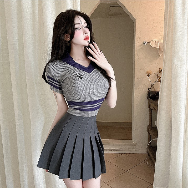 ZHELIHANGFEI Áo len dệt kim cổ chữ V tay ngắn eo cao gợi cảm và quần lót cay