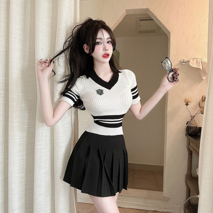 ZHELIHANGFEI Áo len dệt kim cổ chữ V tay ngắn eo cao gợi cảm và quần lót cay