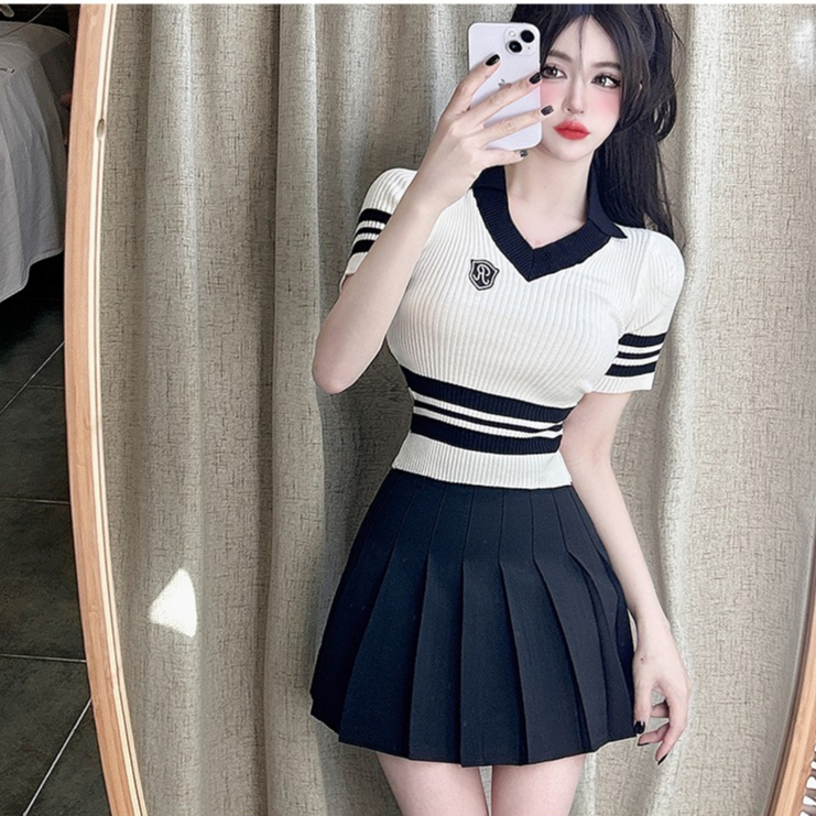 ZHELIHANGFEI Áo len dệt kim cổ chữ V tay ngắn eo cao gợi cảm và quần lót cay