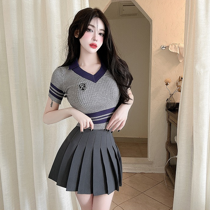 ZHELIHANGFEI Áo len dệt kim cổ chữ V tay ngắn eo cao gợi cảm và quần lót cay