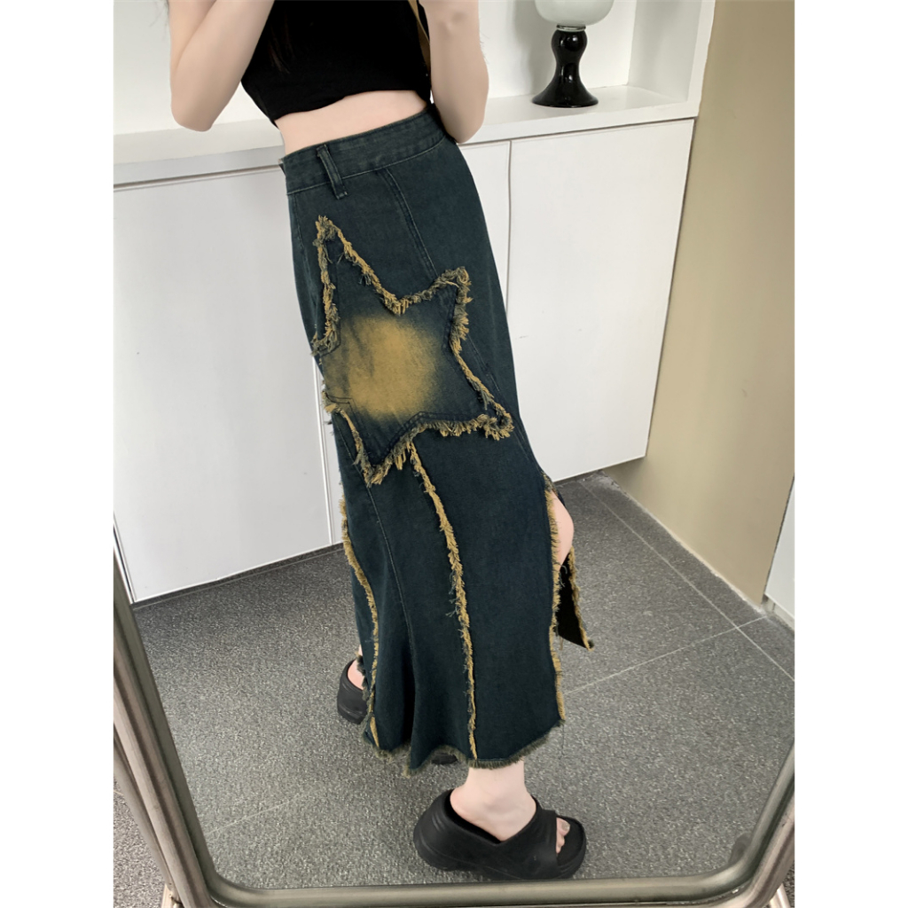 【JMWOMEN】Chân Váy Denim Dài Qua Gối Xẻ Tà Lưng Cao In Họa Tiết Ngôi Sao Phong Cách Cổ Điển Thời Trang Mùa Hè Cho Nữ