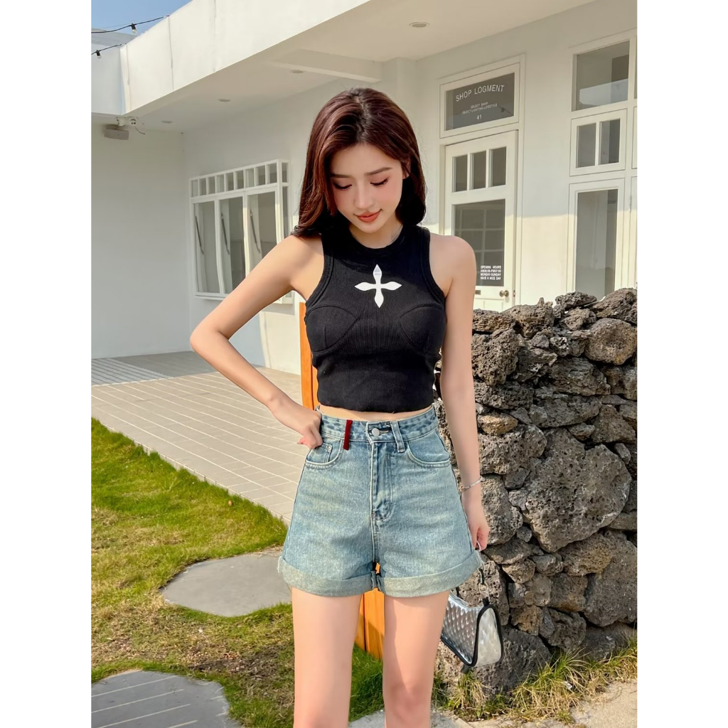 Quần Short denim Lưng Cao Thời Trang retro Hàn Quốc Cho Nữ