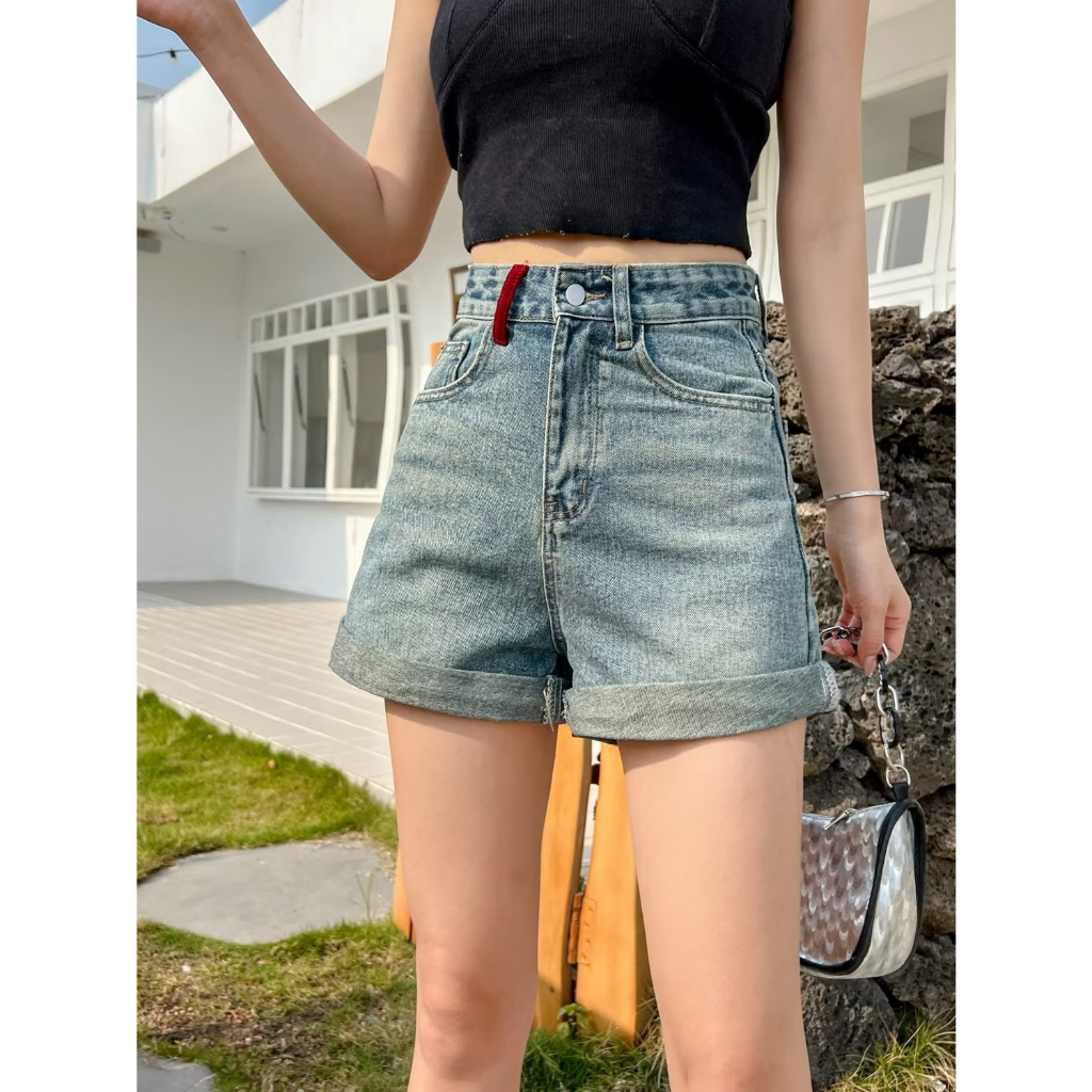 Quần Short denim Lưng Cao Thời Trang retro Hàn Quốc Cho Nữ