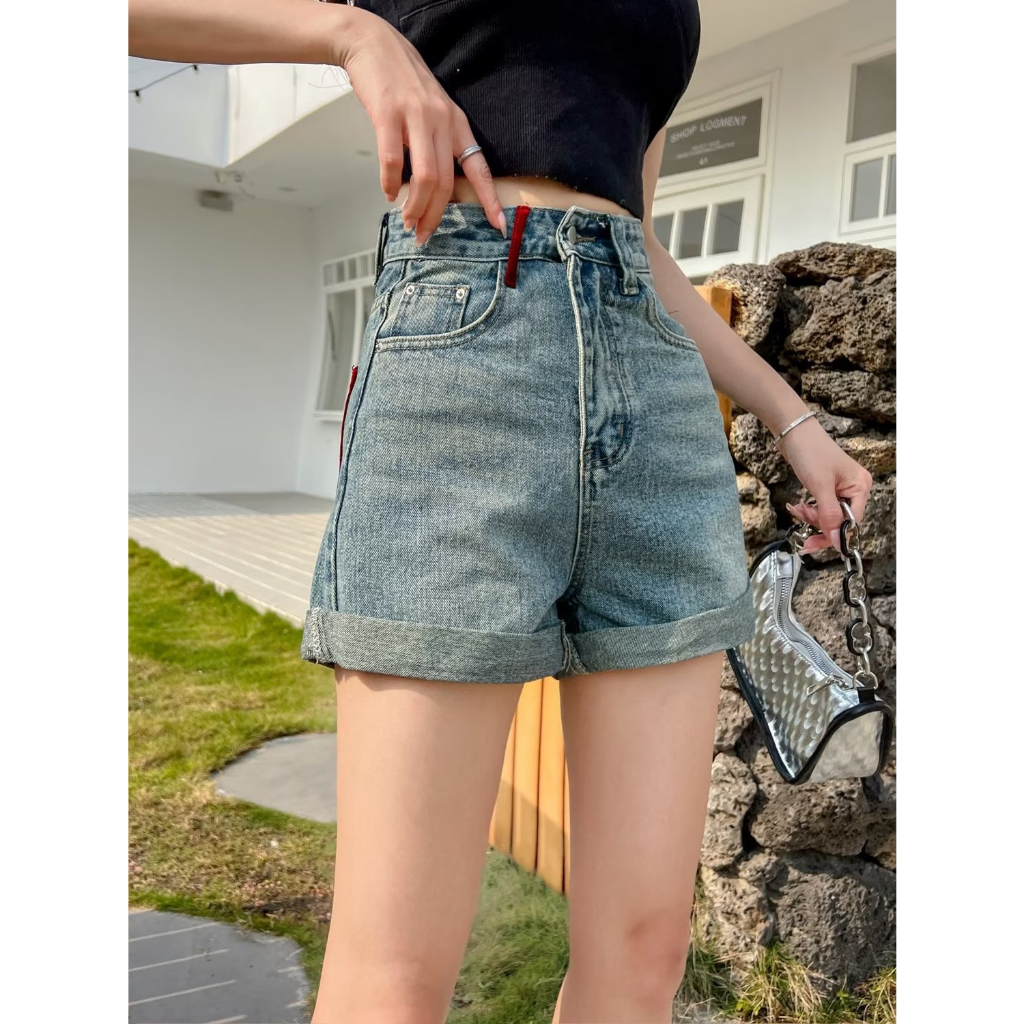 Quần Short denim Lưng Cao Thời Trang retro Hàn Quốc Cho Nữ