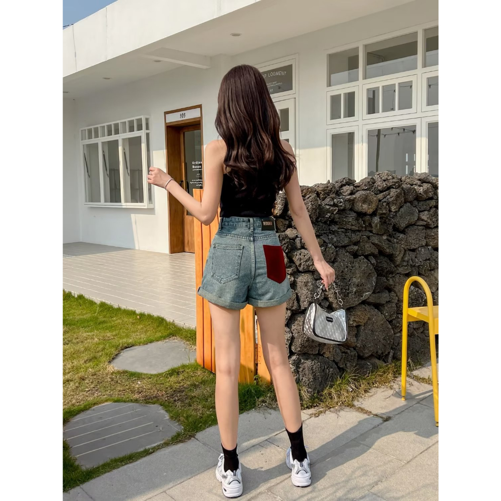 Quần Short denim Lưng Cao Thời Trang retro Hàn Quốc Cho Nữ