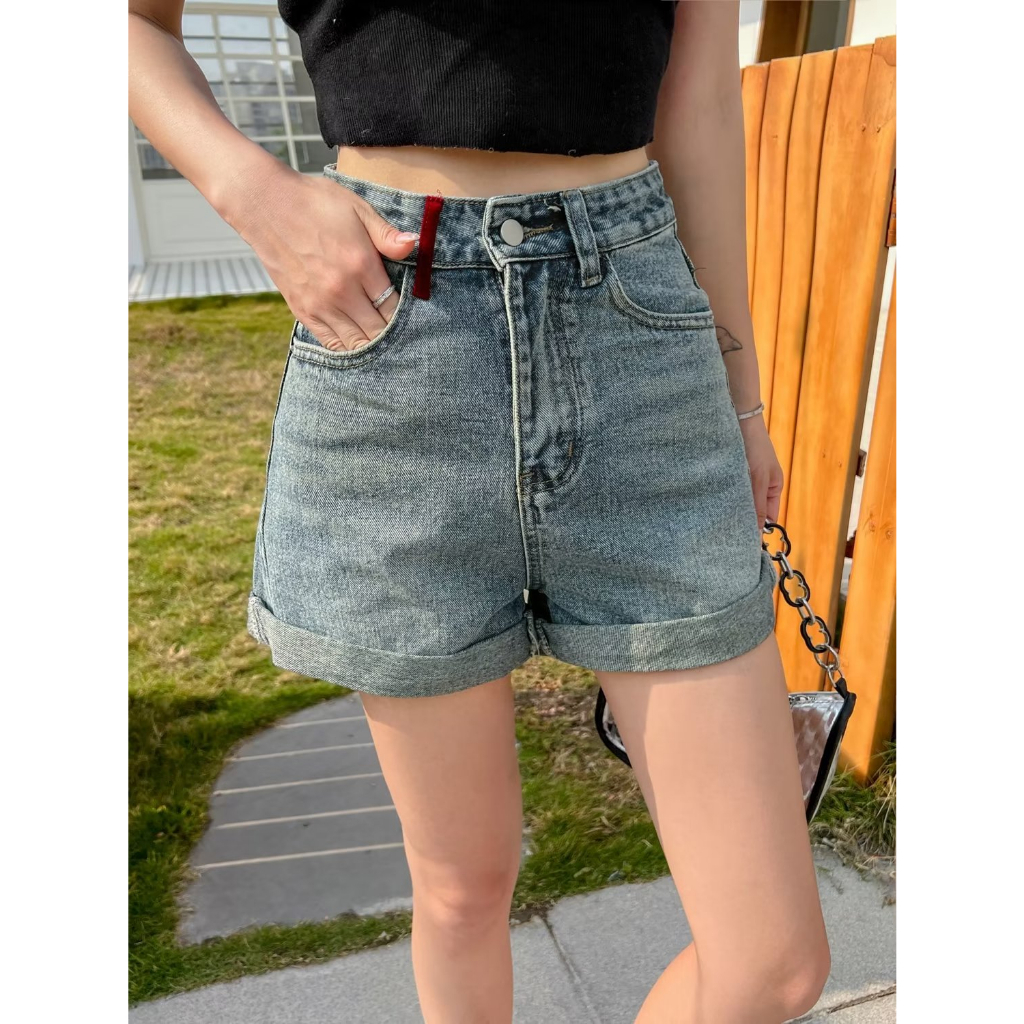 Quần Short denim Lưng Cao Thời Trang retro Hàn Quốc Cho Nữ