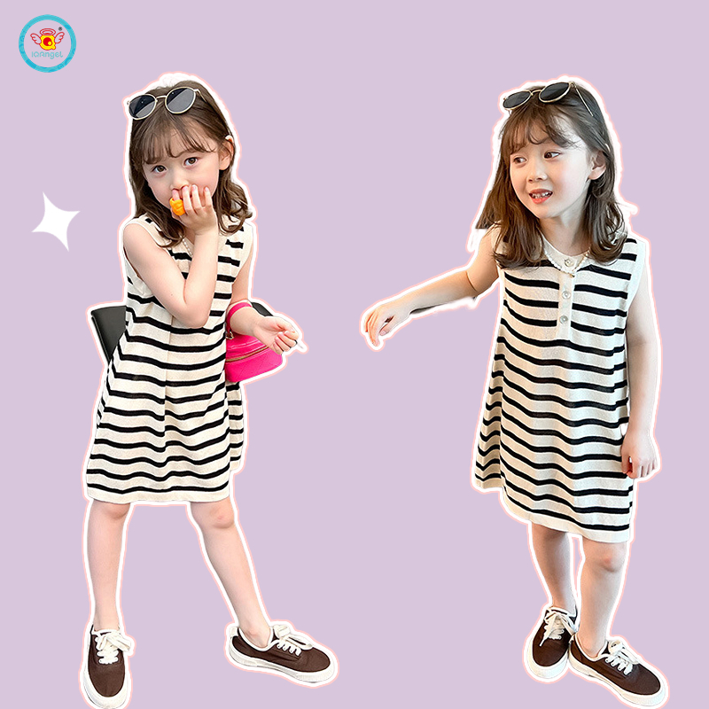 Đầm IQ ANGEL từ cotton họa tiết kẻ sọc nhanh khô thoáng khí thời trang cho bé gái