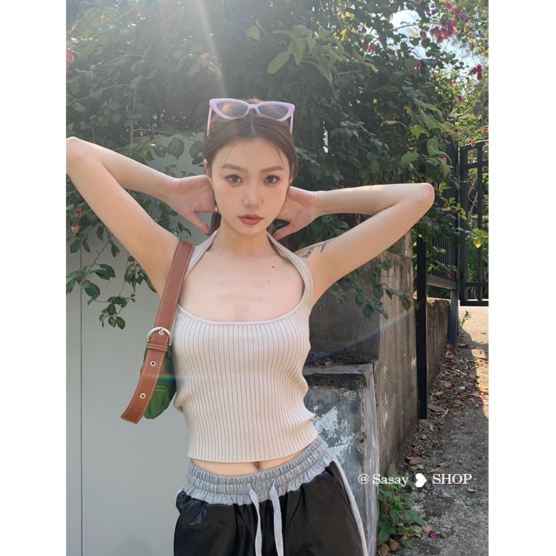 QADCOL Áo Dệt Kim Cổ Vuông Màu Trơn Hở Lưng Xinh Xắn Cho Nữ