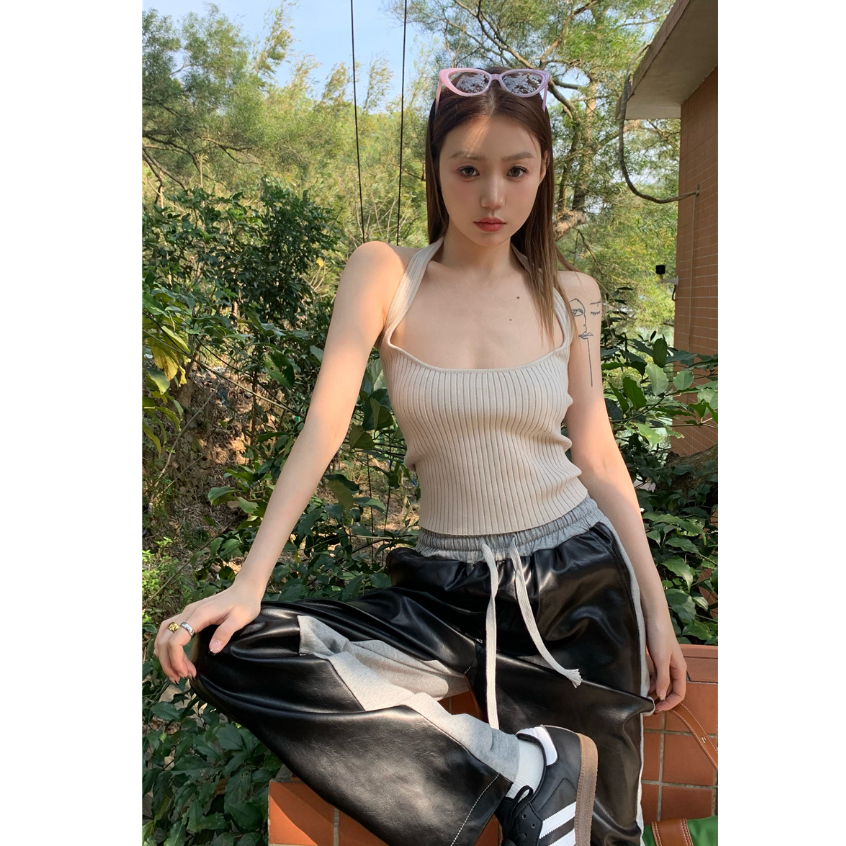 QADCOL Áo Dệt Kim Cổ Vuông Màu Trơn Hở Lưng Xinh Xắn Cho Nữ