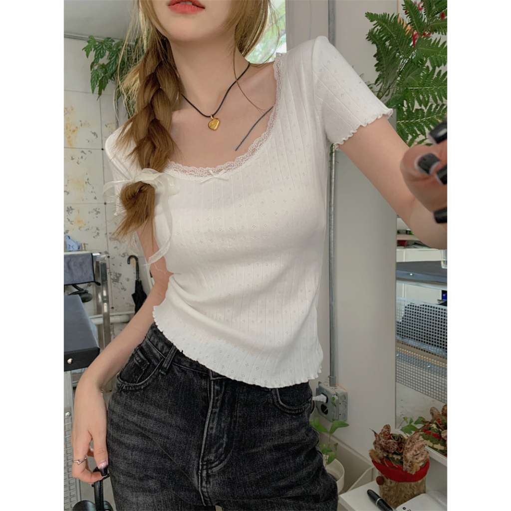 QADCOL Áo Thun Tay Ngắn Ôm Dáng Phối Ren Màu Trắng Thời Trang Xuân Hè Hàng Mới Dành Cho Bạn Nữ