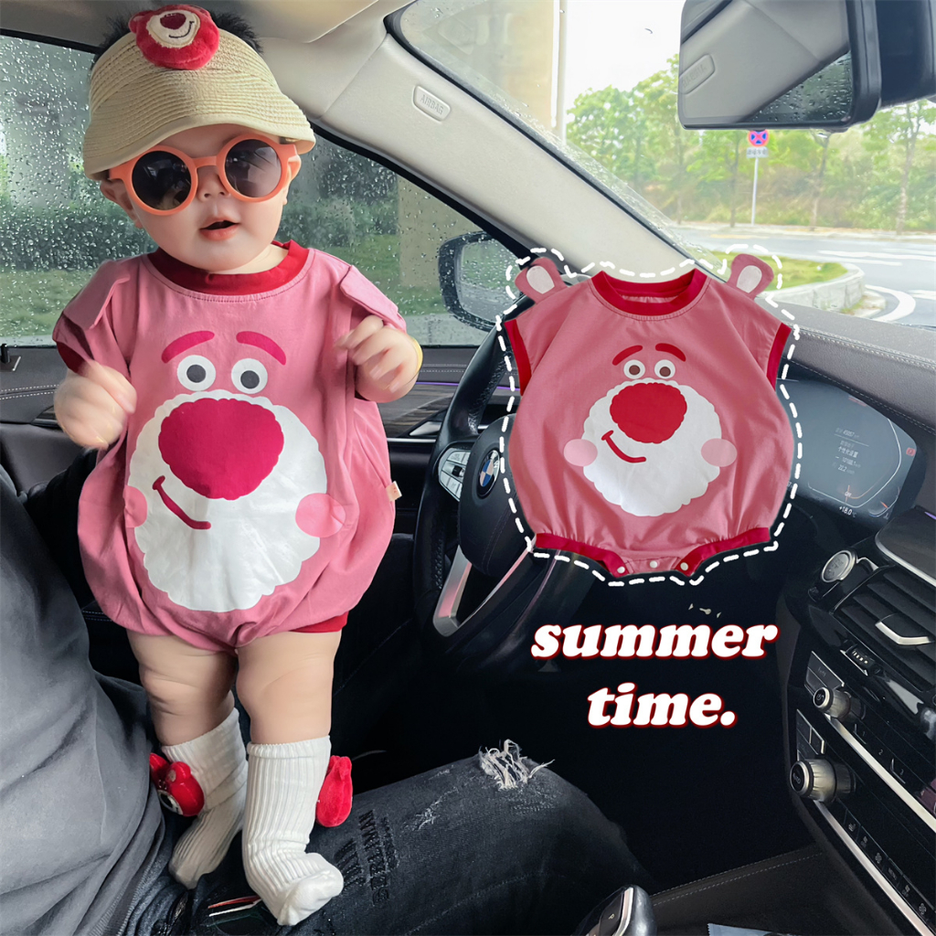 Bộ Áo Liền Quần Tay Ngắn Vải Cotton In Hoạt Hình Gấu Dễ Thương Cho Bé Gái Sơ Sinh