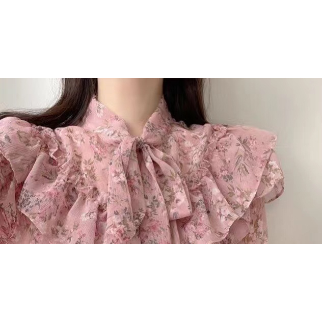 Floral Blouse Chiffon Shirt Áo Sơ Mi Dài Tay Cao Cấp Họa Tiết Hoa Phong Cách Pháp Thời Trang Mùa Xuân Mới Cho Nữ