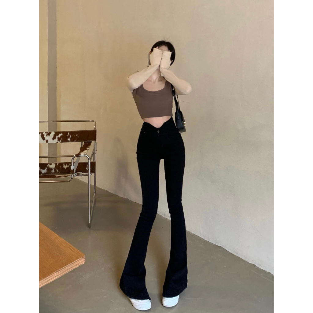 🍓Phong Cách Phương Tây Phục Hồi Cách Cổ Điển Quần Jean Dài Ống Loe Mỏng Co Giãn Thoải Mái Nhẹ Nhàng