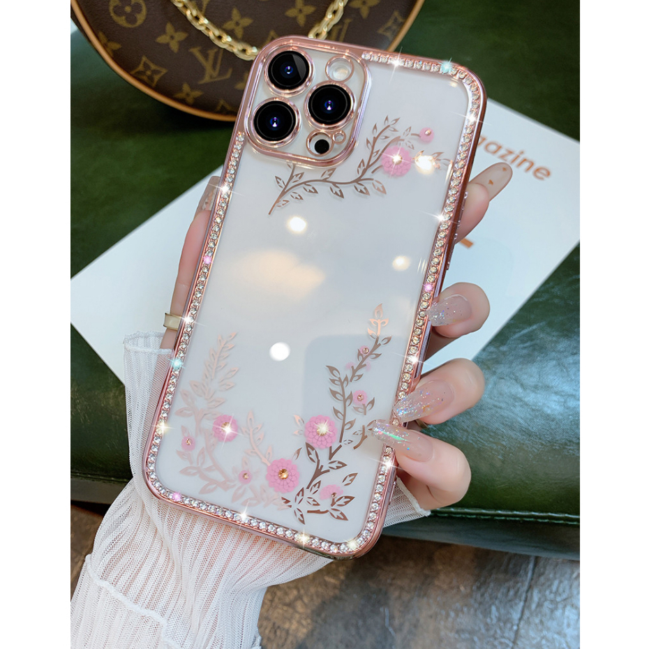 Ốp Bảo Vệ Camera Sang Trọng Cho iPhone 14 Pro Max 11 12 13Pro Max 14 Plus Bling Kim Cương Giả Hoa Trong Suốt Mạ Mềm Ốp điện thoại TPU