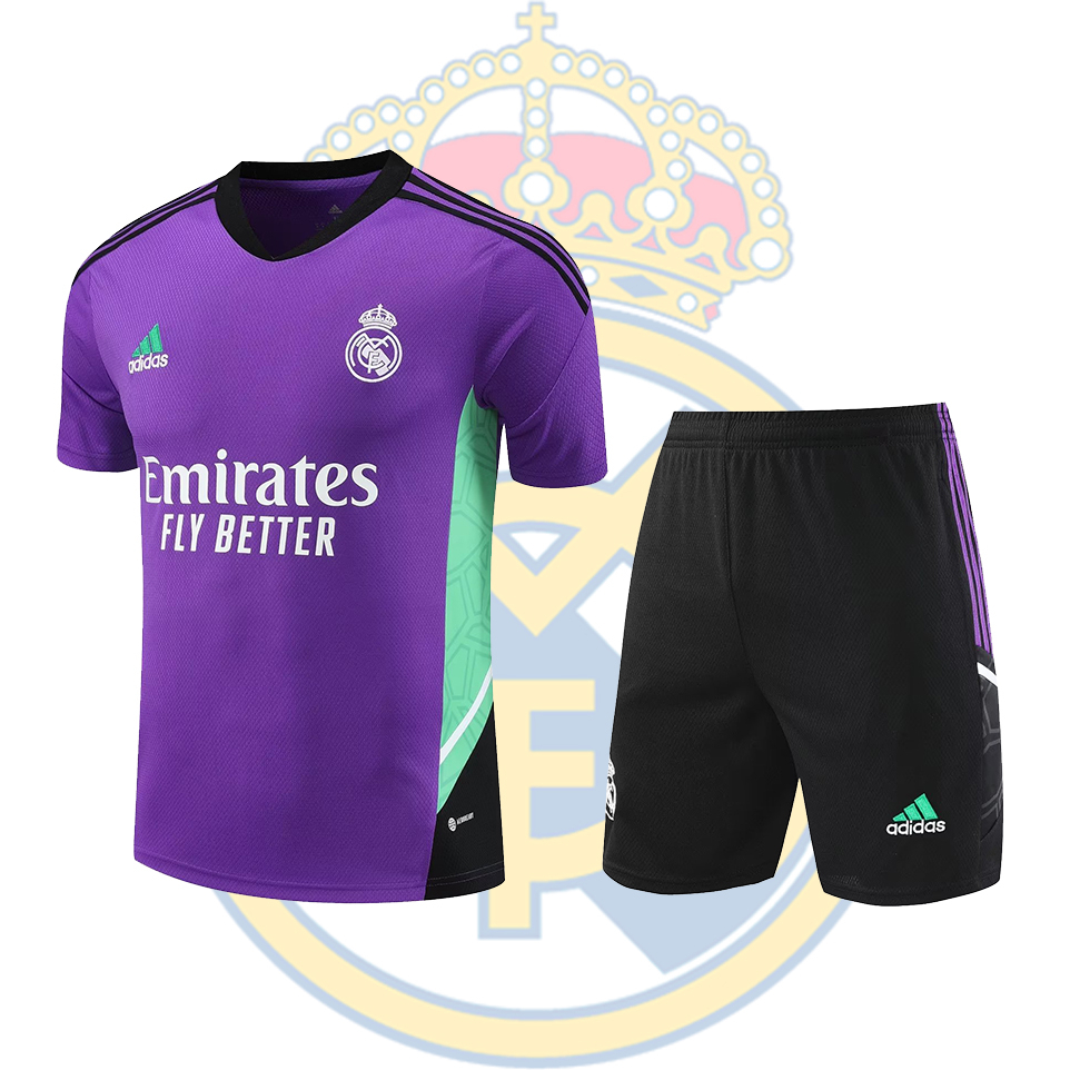Bộ Quần Áo Tập Đá Banh Tay Ngắn Màu Tím In Logo Real Madrid Size S-2XL Thời Trang 2023-24