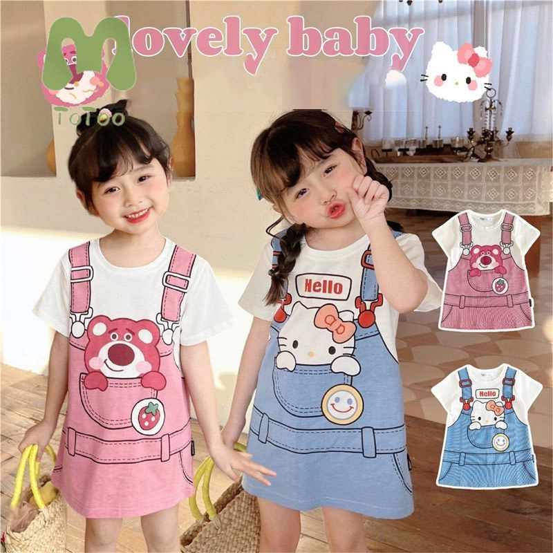 ToToo Set Áo Thun Ngắn Tay Giả Hai Lớp + Chân Váy In Họa Tiết Hoạt Hình Dễ Thương Thời Trang Cho Bé Gái