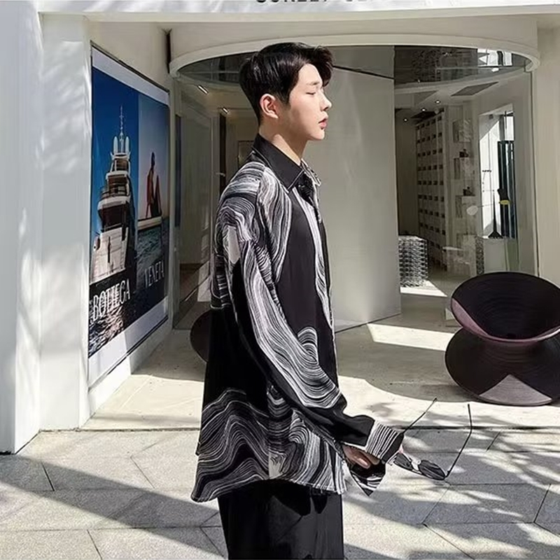 Áo Sơ Mi Nam Dài Tay In Họa Tiết Trừu Tượng Thời Trang Hàn Quốc