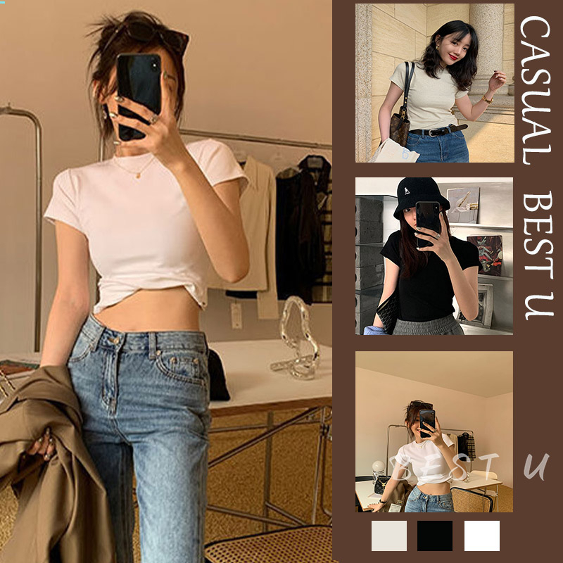 BEST U Áo Thun Cotton Tay Ngắn Cổ Tròn Màu Trắng Thiết Kế Mới Thời Trang Mùa Hè Dành Cho Nữ