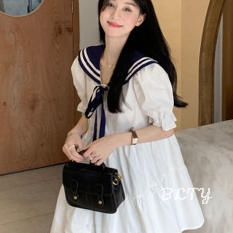 BLTY Đầm Chữ A Ngắn Tay Cổ Thủy Thủ Ôm Eo Thời Trang Cho Nữ