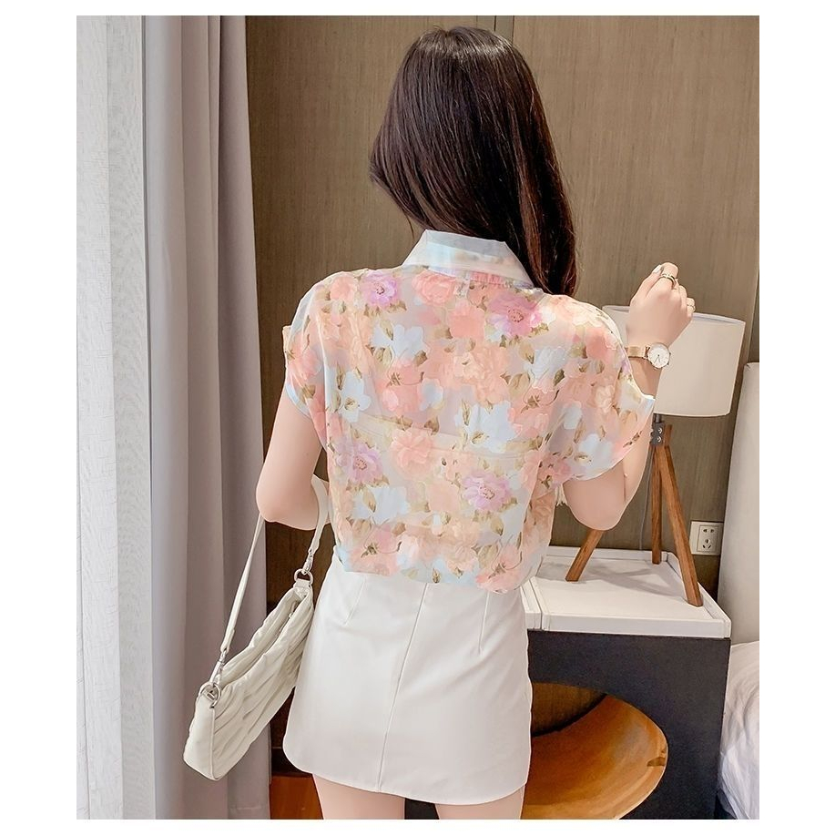Áo Sơ Mi Chiffon Tay Ngắn In Hoa Mẫu Mới 2023 Phong Cách Phương Tây Cho Nữ