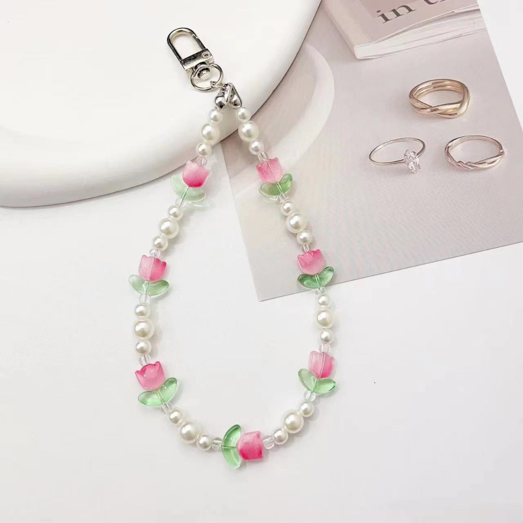 Dây Đeo Điện Thoại Xỏ Hạt Nhựa Acrylic Màu Trắng Hình Hoa Nhỏ Đơn Giản Phong Cách Hàn Quốc Mới
