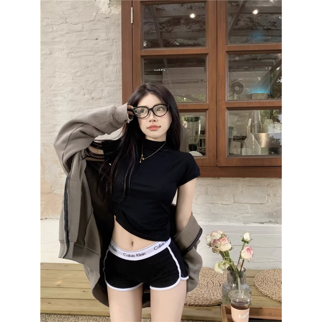 Áo Thun Croptop Tay Ngắn Màu Sắc Đơn Giản Phong Cách Hàn Quốc Cho Nữ