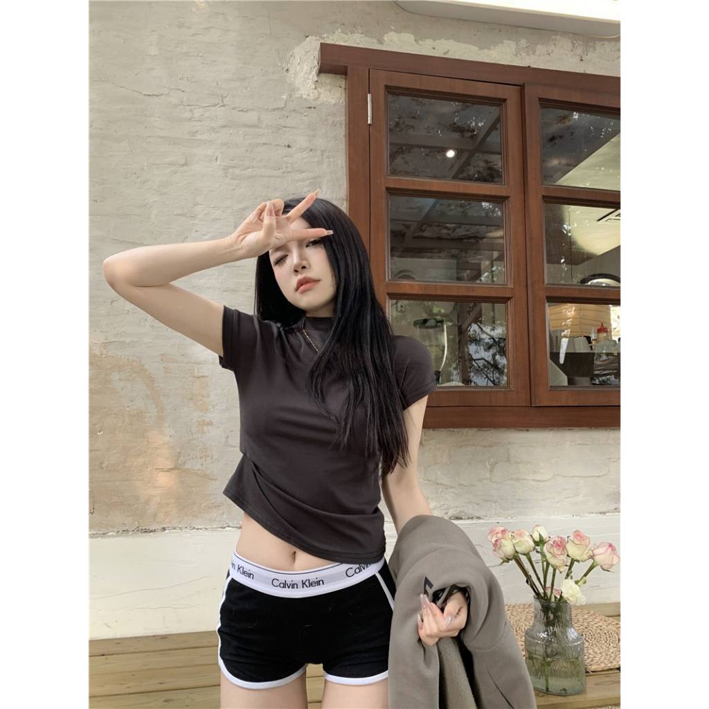 Áo Thun Croptop Tay Ngắn Màu Sắc Đơn Giản Phong Cách Hàn Quốc Cho Nữ