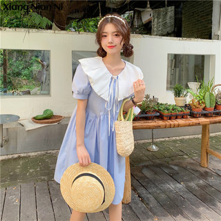 Đầm mini XIANG NIAN NI dáng rộng cổ búp bê màu tương phản phong cách Hàn Quốc thời trang mùa hè sang trọng
