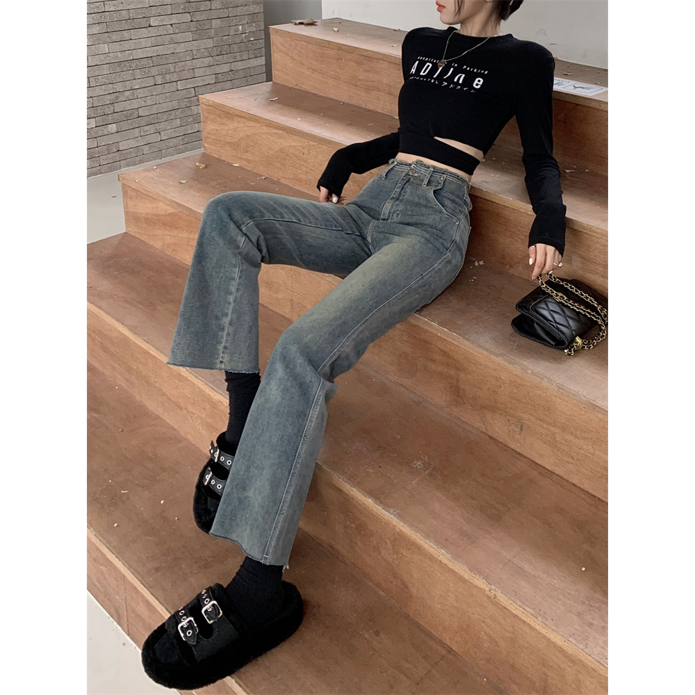 Quần denim Ống Rộng Lưng Cao Co Dãn