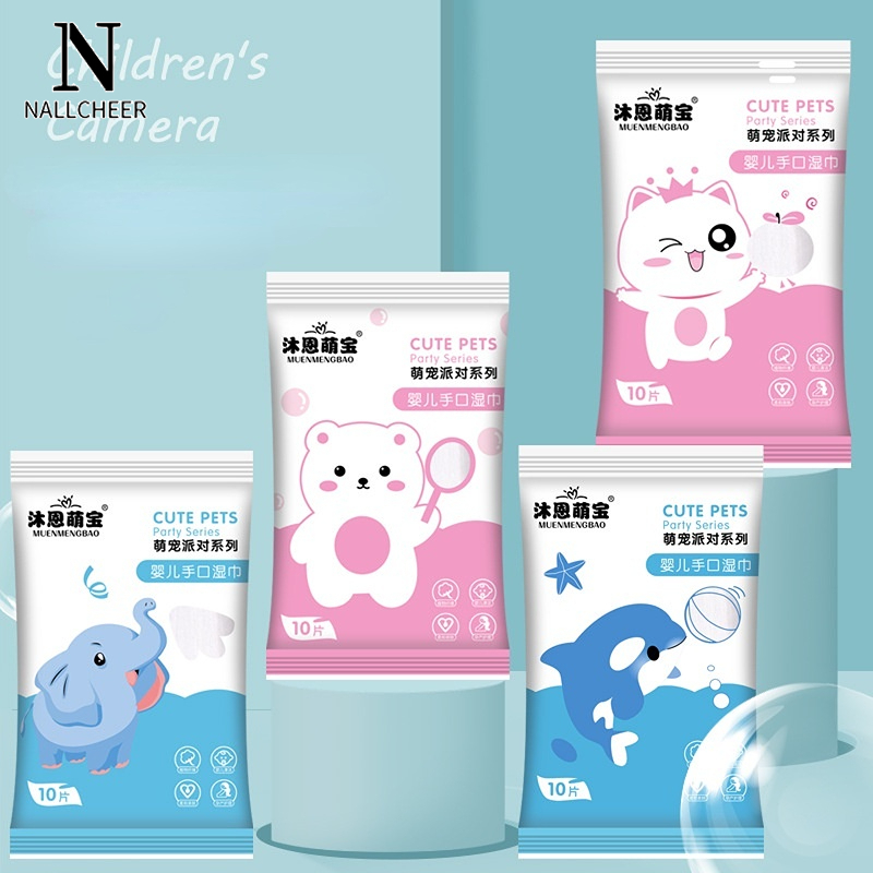 NALLCHEER Bộ 10 Túi Khăn Giấy Ướt Mini Họa Tiết Hoạt Hình Dùng Một Lần Tiện Lợi