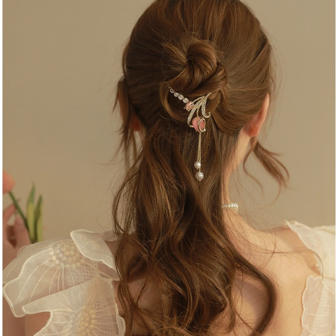 Kẹp Tóc Bằng Hợp Kim Đính Kim Cương Giả Phối Tua Rua Phong Cách Cổ Điển Kiểu Mới