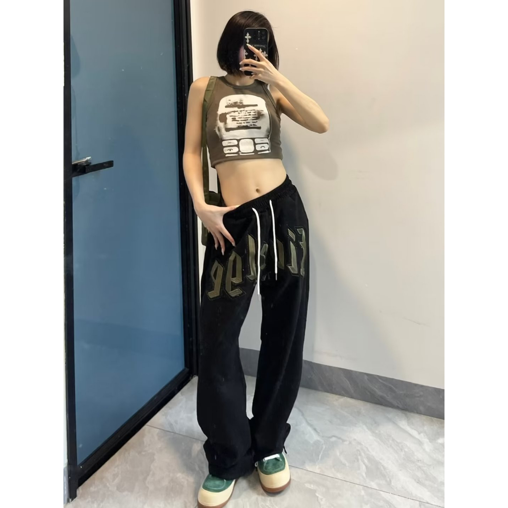 Quần ống rộng Thêu Chữ Dây Rút Thời Trang Mới 2023 Cho Nữ