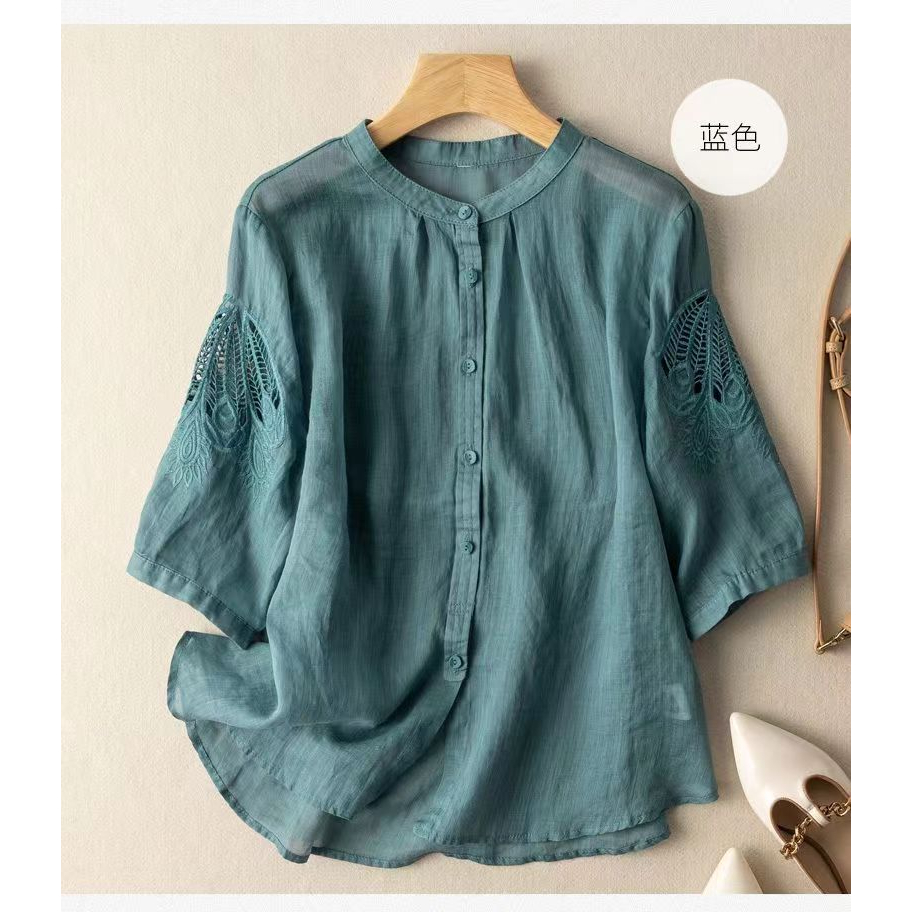 Áo sơ mi cotton lanh mỏng dáng rộng thêu họa tiết kiểu retro thời trang mùa hè 2022