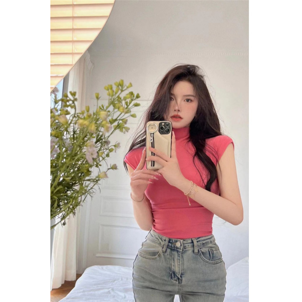 Áo Thun Tay Ngắn Cổ Cao Dáng Ôm Thời Trang Hàn Quốc Quyến Rũ Cho Nữ