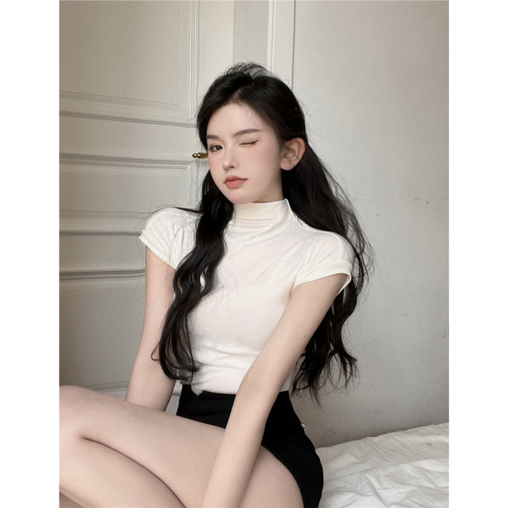 Áo Thun Tay Ngắn Cổ Cao Dáng Ôm Thời Trang Hàn Quốc Quyến Rũ Cho Nữ