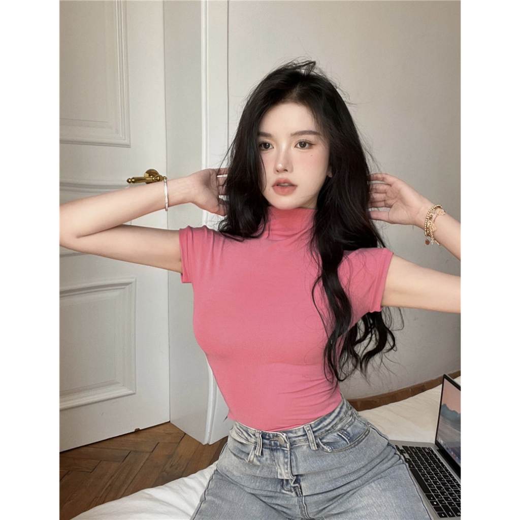 Áo Thun Tay Ngắn Cổ Cao Dáng Ôm Thời Trang Hàn Quốc Quyến Rũ Cho Nữ
