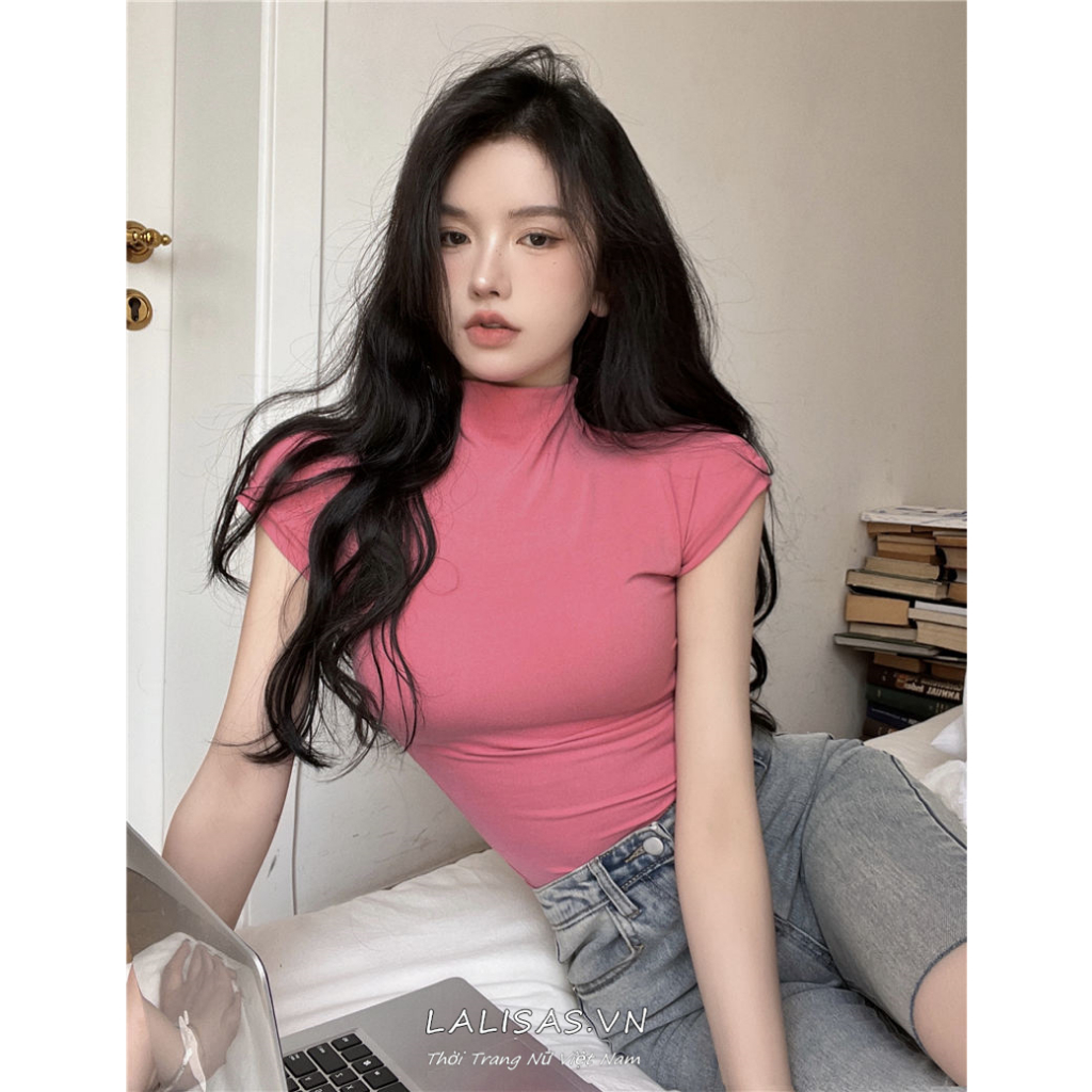Áo Thun Tay Ngắn Cổ Cao Dáng Ôm Thời Trang Hàn Quốc Quyến Rũ Cho Nữ