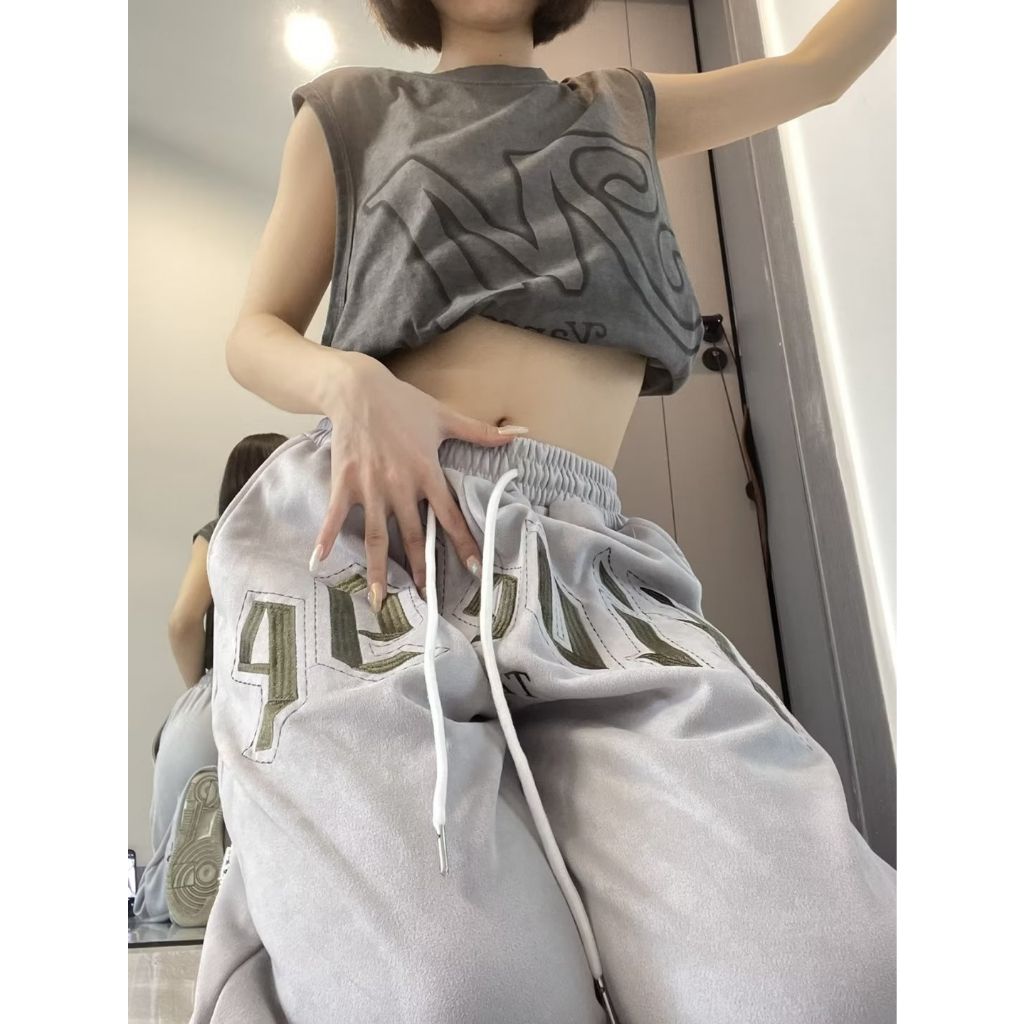 Quần ống rộng Thêu Chữ Dây Rút Thời Trang Mới 2023 Cho Nữ
