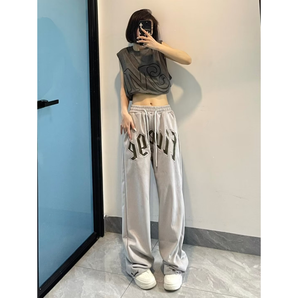 Quần ống rộng Thêu Chữ Dây Rút Thời Trang Mới 2023 Cho Nữ