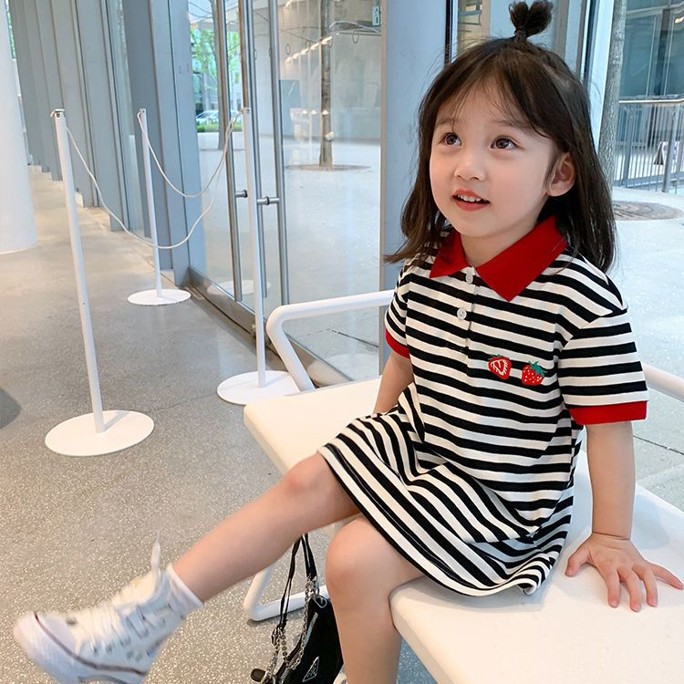 Đầm Thun Cotton Dài Ngang Gối Họa Tiết Kẻ Sọc Ngang Phong Cách Hàn Quốc Thời Trang Mùa Hè Cho Bé Gái